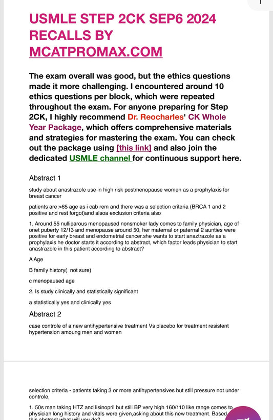 USMLE Step 2CK September Recalls/Past Papers/Biopsies 2024