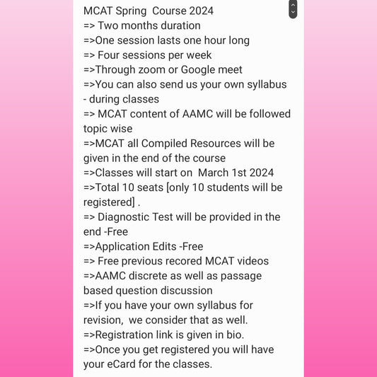 MCAT SPRING COURSE 2024 [One -On - One Tutoring Sessions]